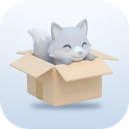 Kitsune, the Snowkit fox, sitting in a cardboard box